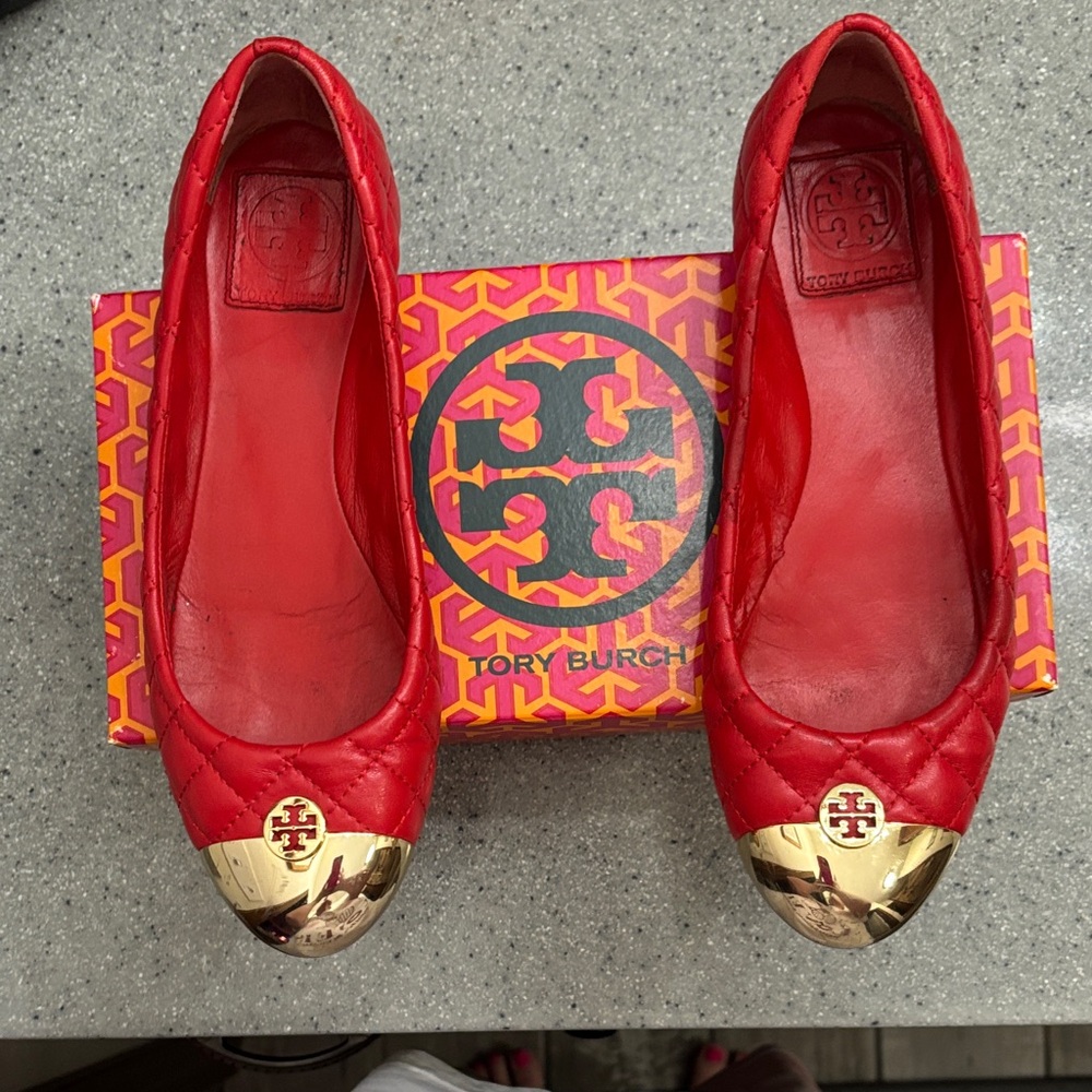 Tory Burch Red Quilted Flats with Gold Toe